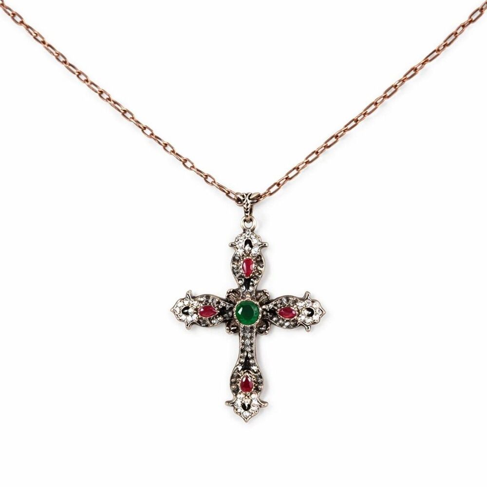 Rose Gold Tone Metal Ornate Multicolor Rhinestone Cross Pendant Necklace 30"